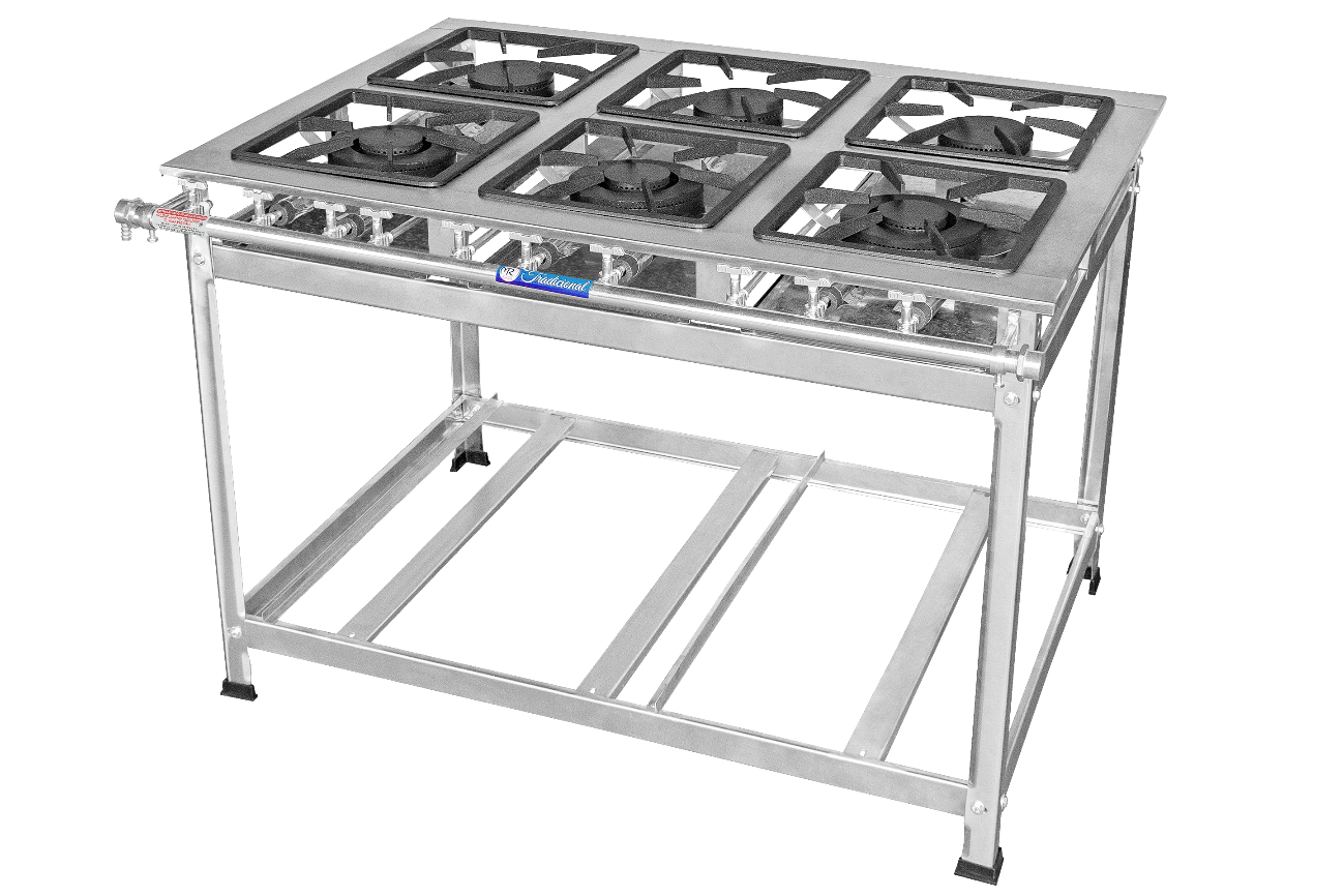 FOGÃO INDUSTRIAL INOX 6 BOCAS (3QS/3QD) BAIXA PRESSÃO